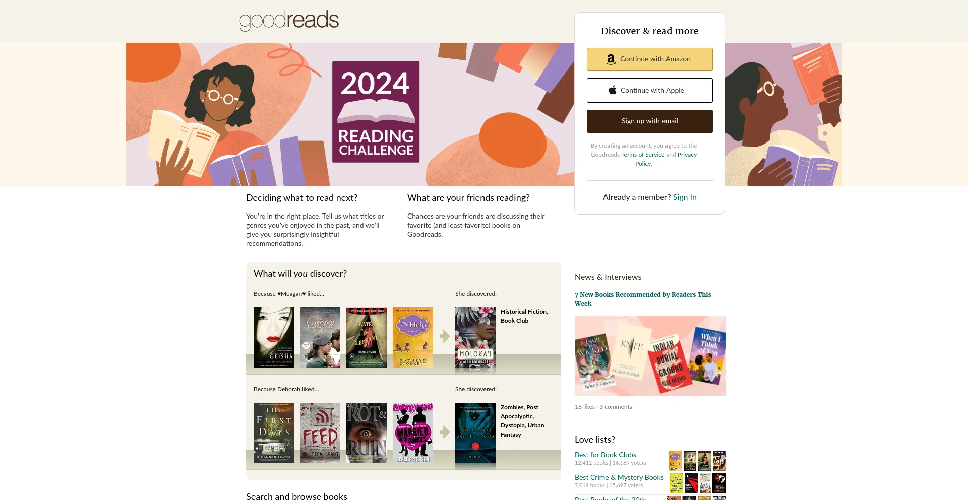 Screenshot of goodreads.com homepage