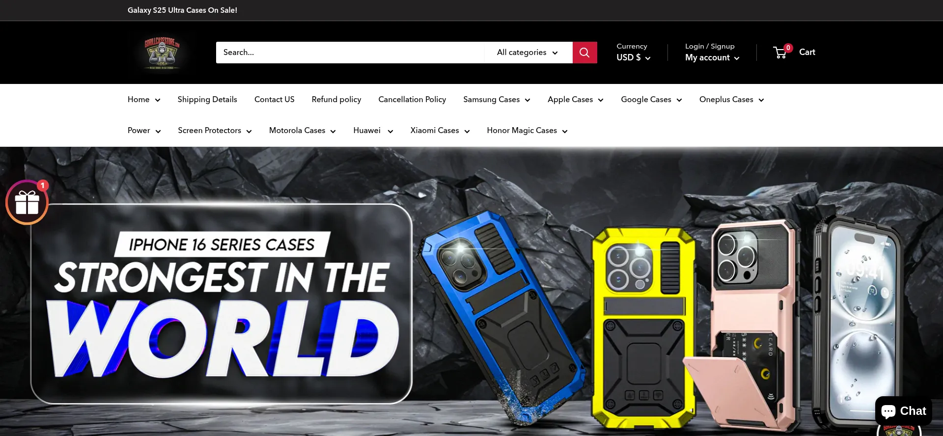 Screenshot of gorillacasestore.com homepage