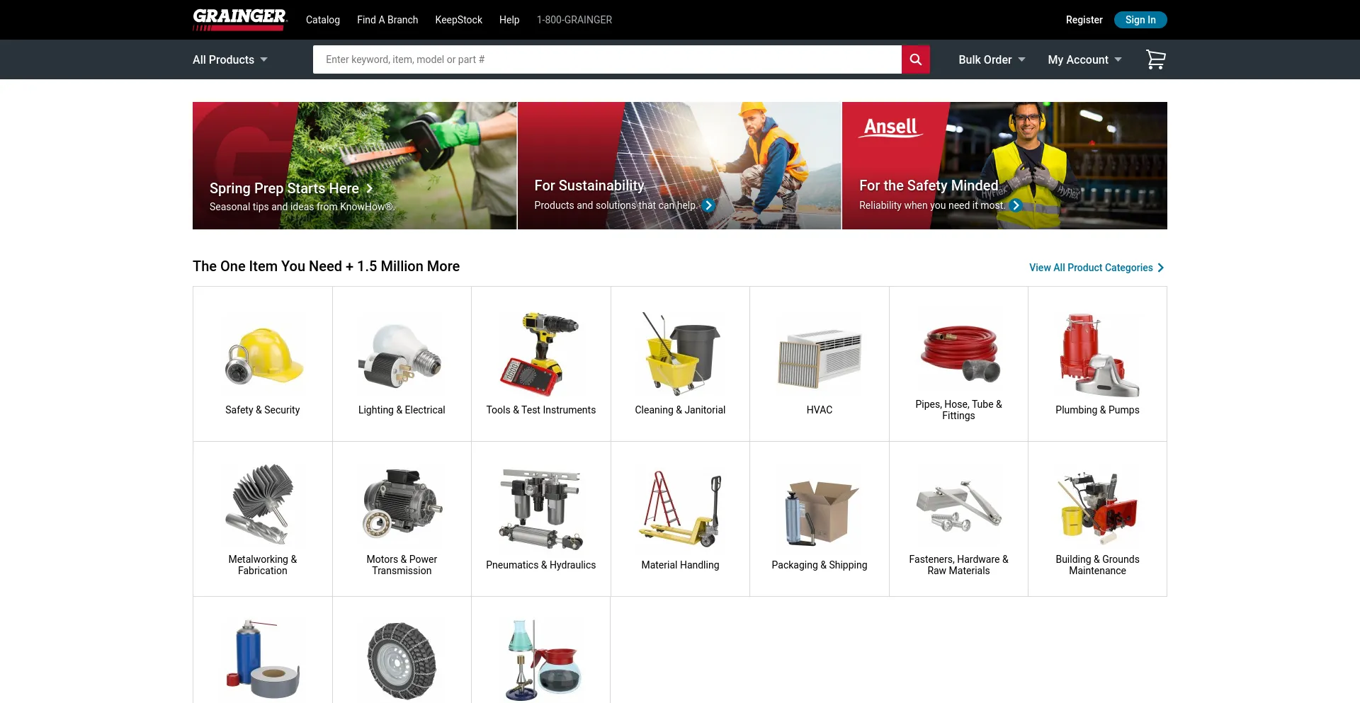 Screenshot of grainger.com homepage