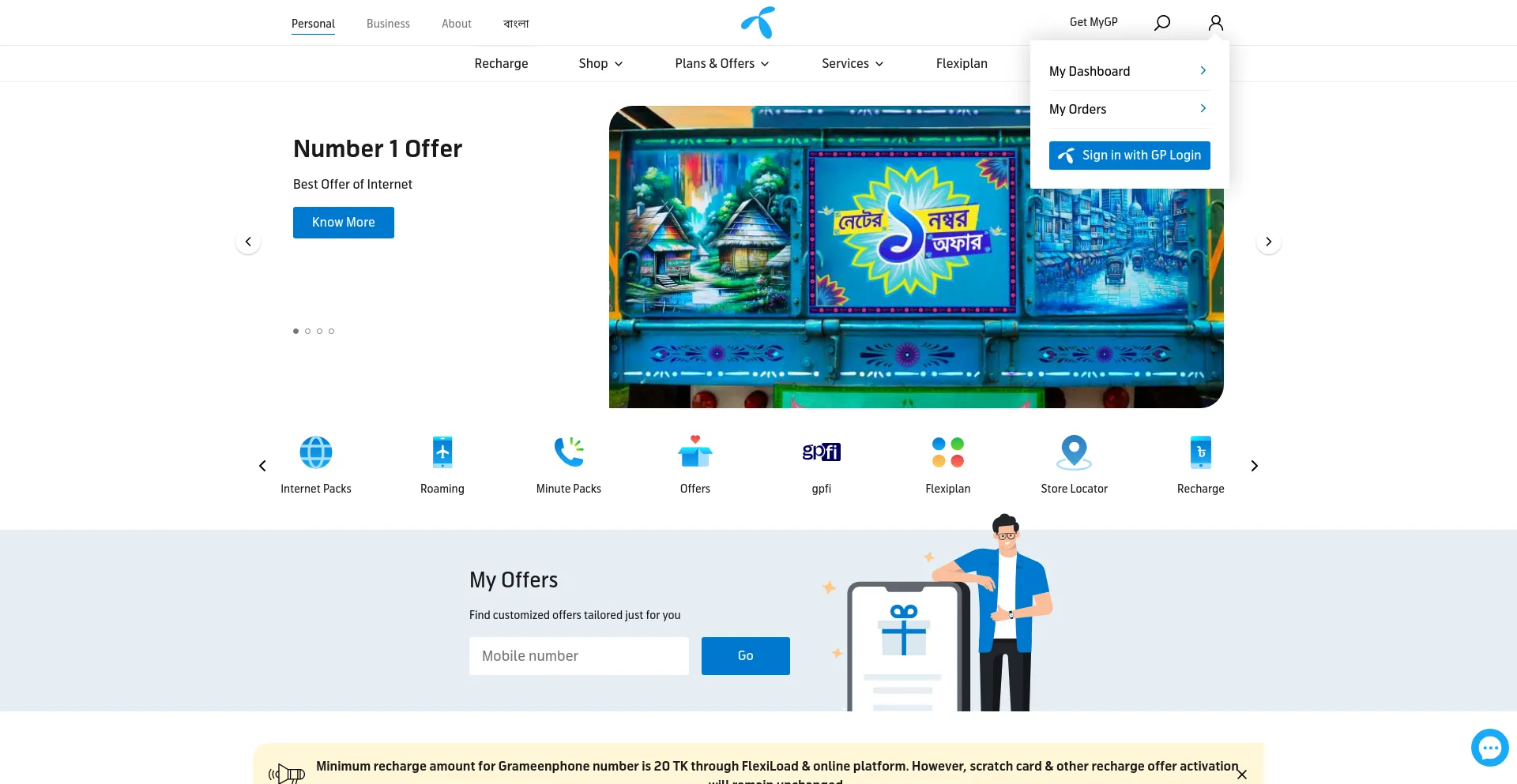 Screenshot of grameenphone.com homepage