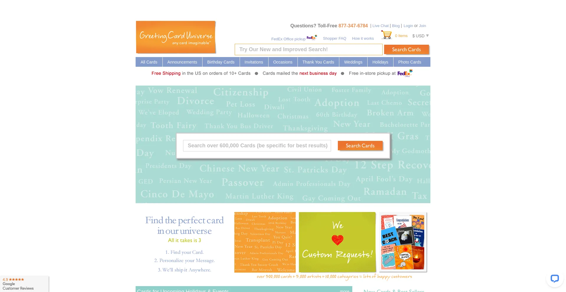 Screenshot of greetingcarduniverse.com homepage