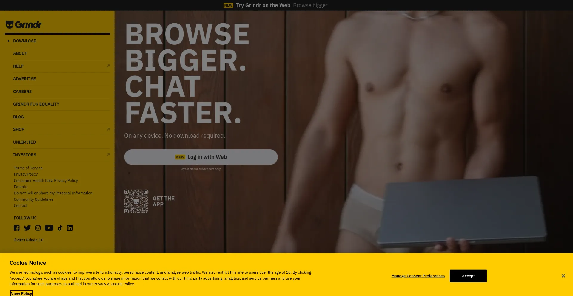 Screenshot of grindr.com homepage