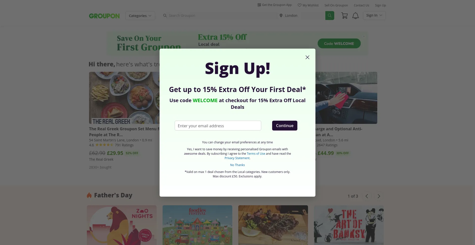 Screenshot of groupon.co.uk homepage