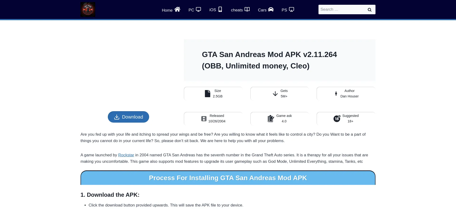 Screenshot of gtasanandreasmodapk.com homepage