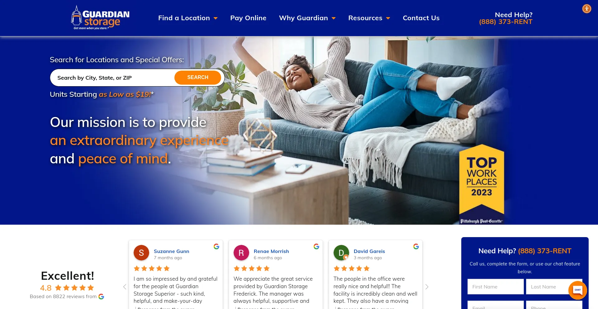 Screenshot of guardianstorage.com homepage
