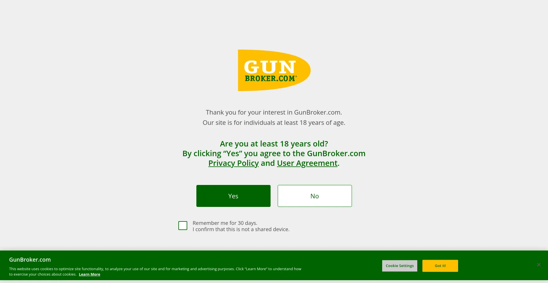 Screenshot of gunbroker.com homepage