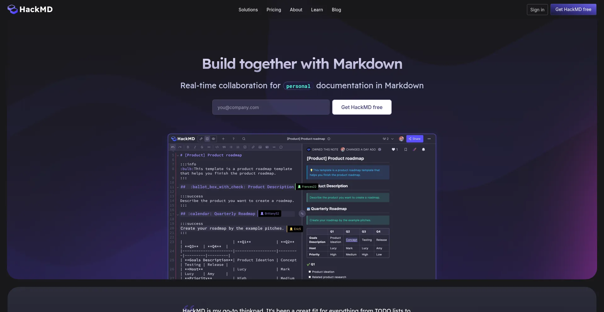 Screenshot of hackmd.io homepage