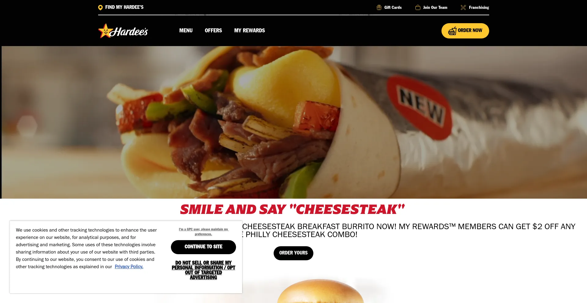 Screenshot of hardees.com homepage