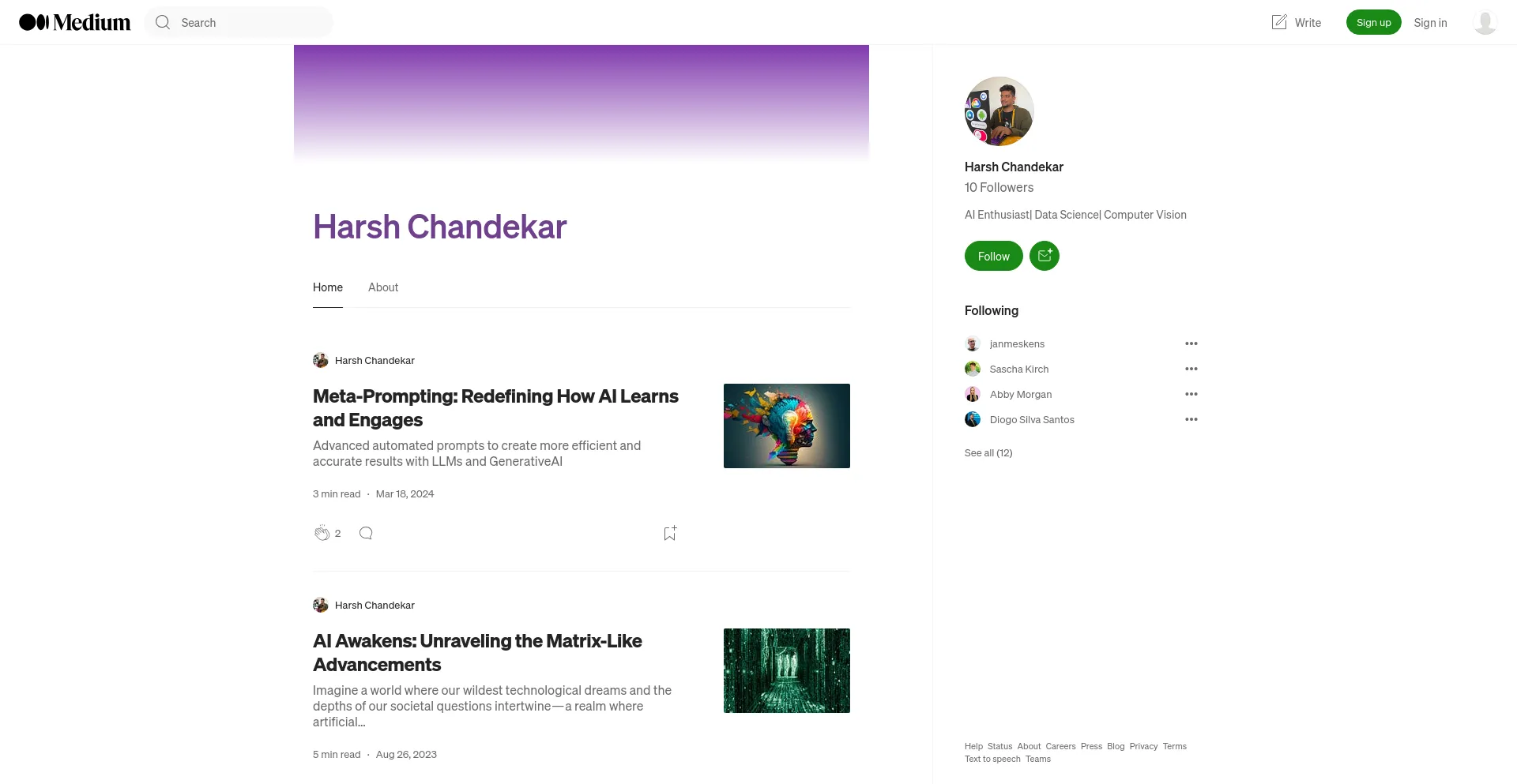 Screenshot of harshchandekar10.medium.com homepage