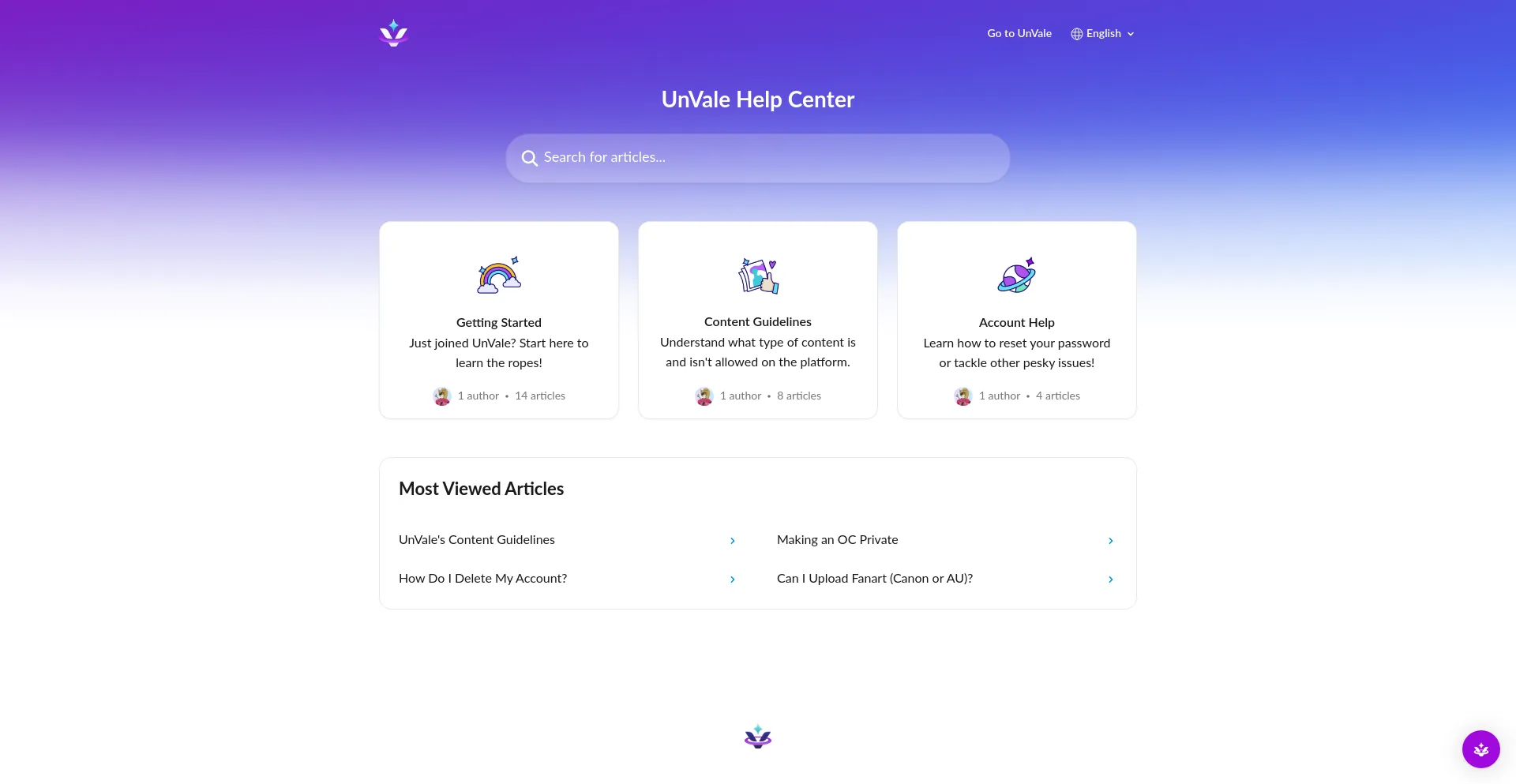 Screenshot of help.unvale.io homepage