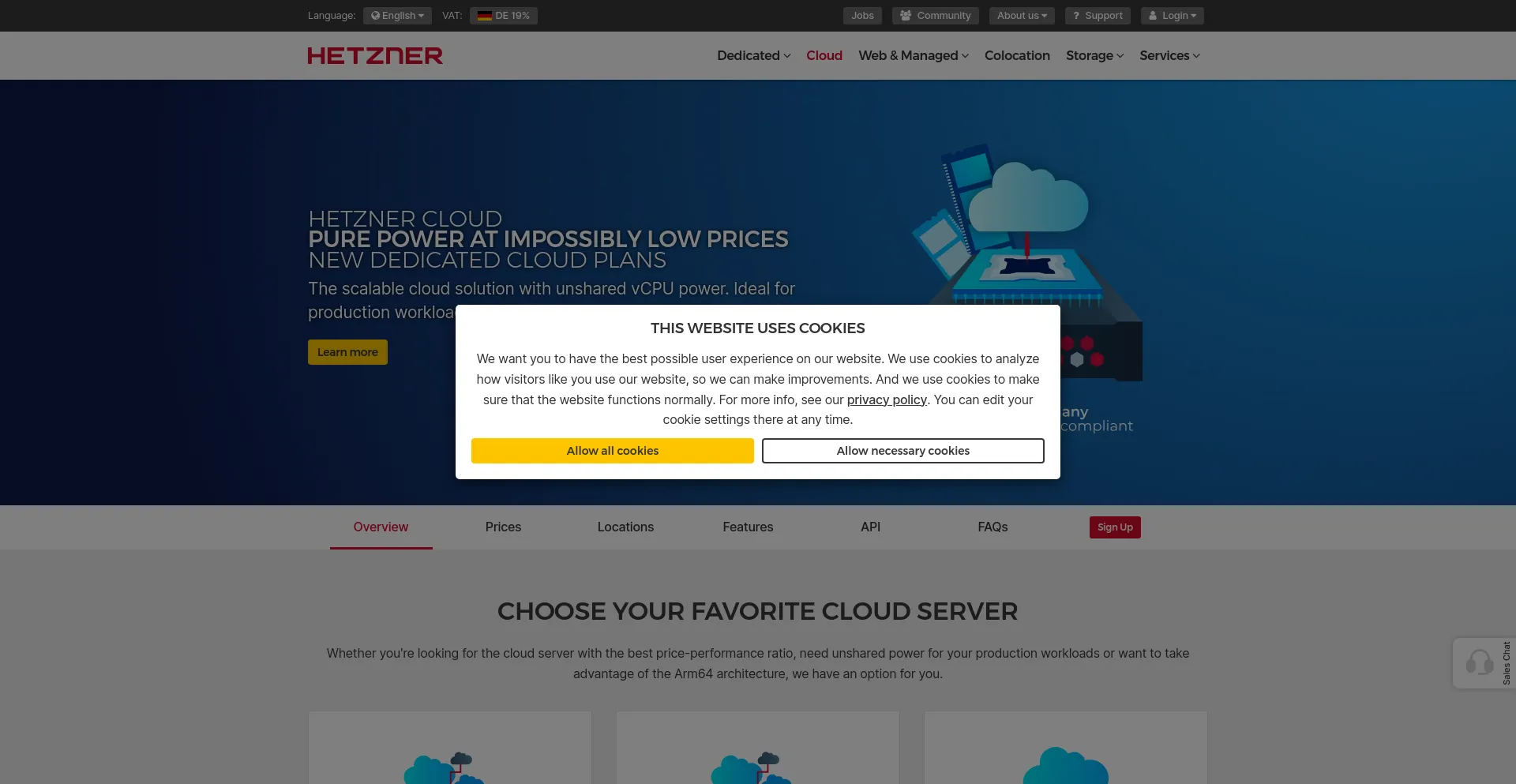 Screenshot of hetzner.cloud homepage