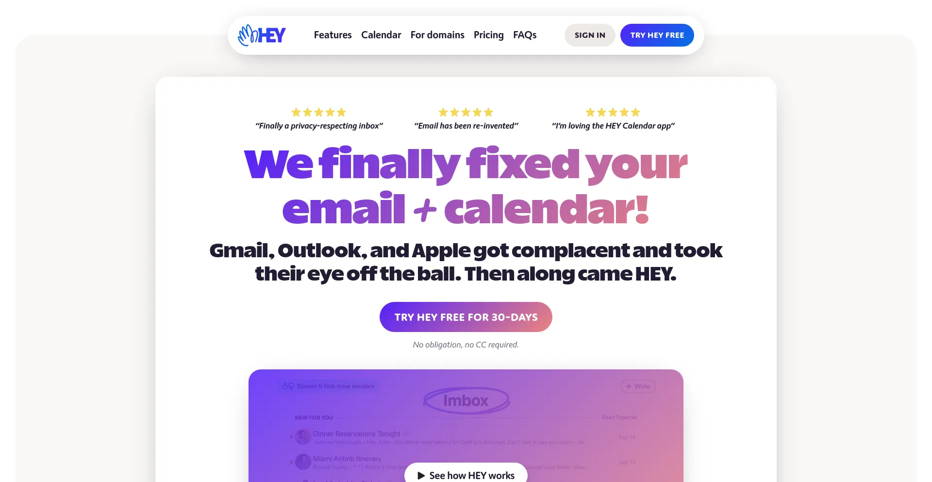 Screenshot of hey.com homepage