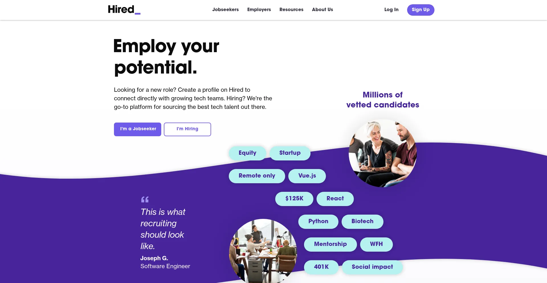 Screenshot of hired.com homepage