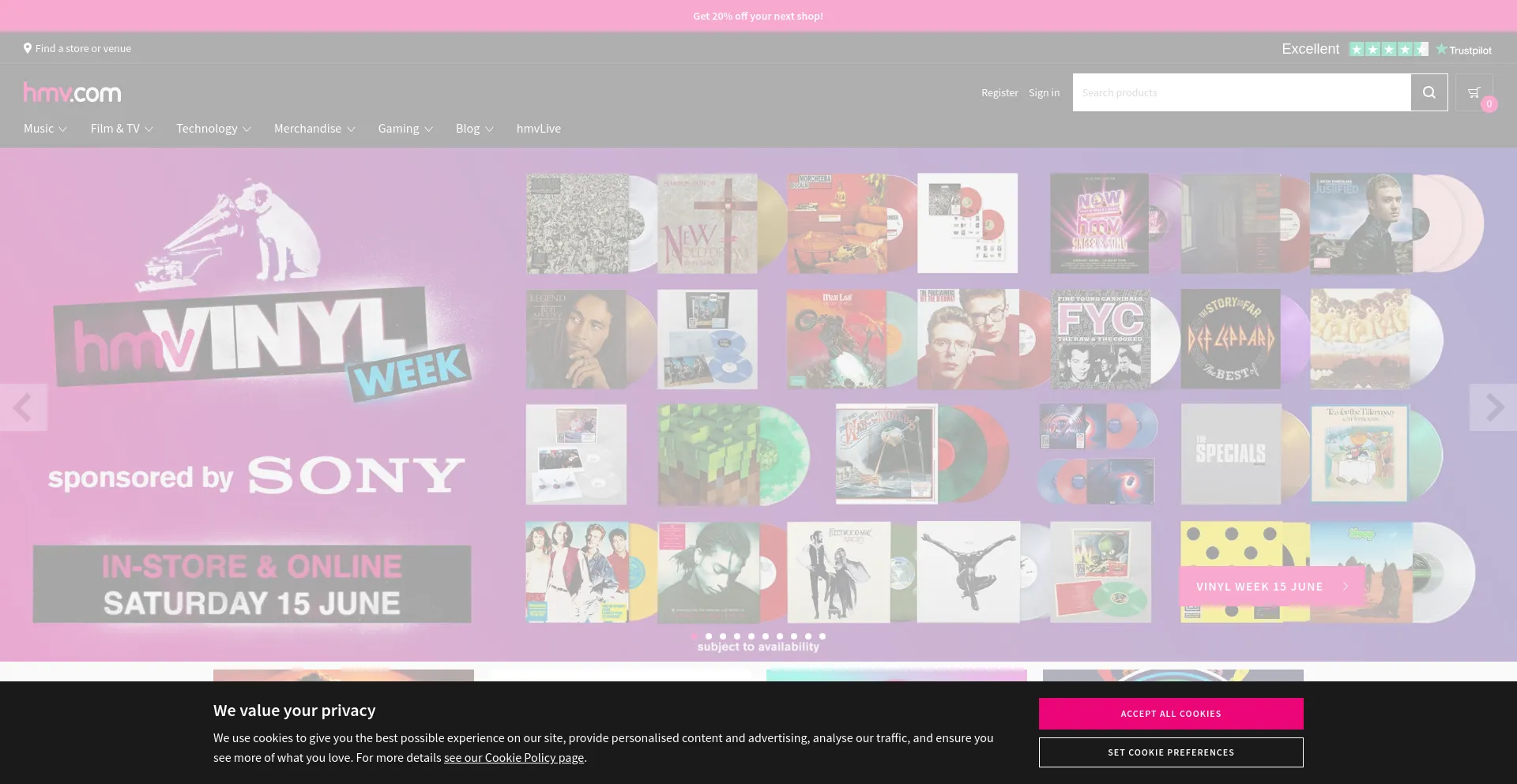 Screenshot of hmv.com homepage