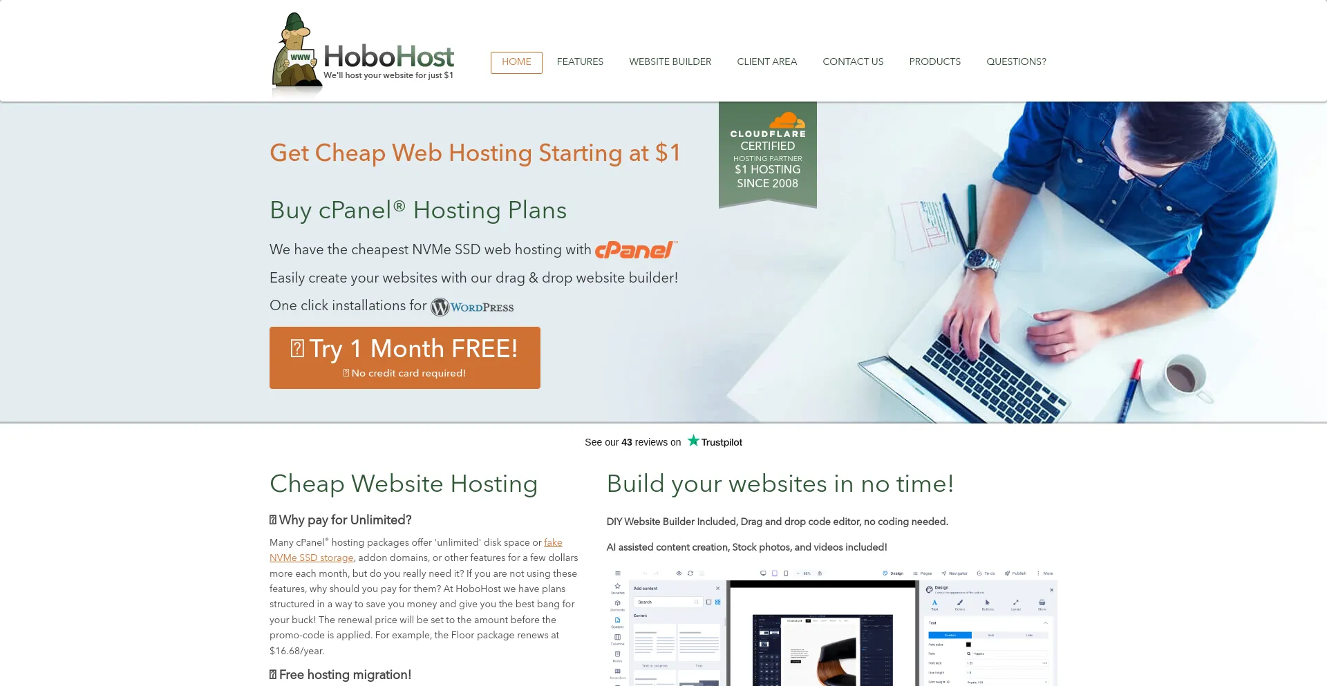 Screenshot of hobohost.com homepage