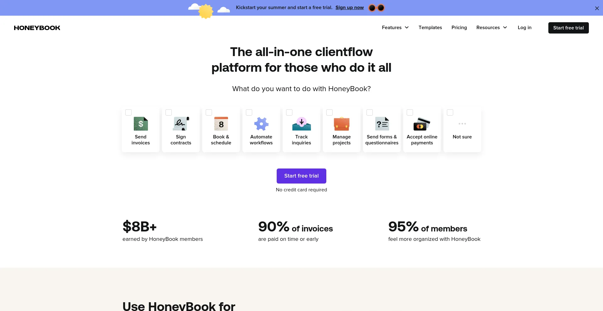 Screenshot of honeybook.com homepage