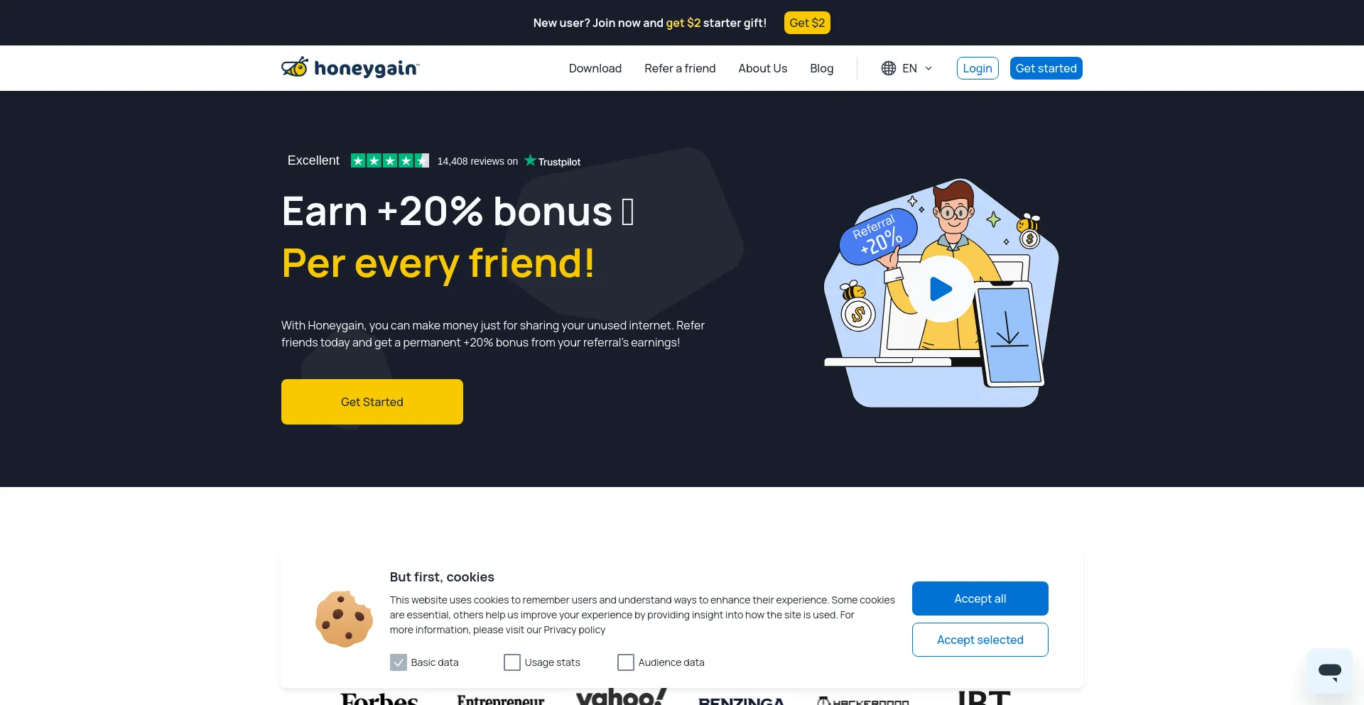 Screenshot of honeygain.com homepage