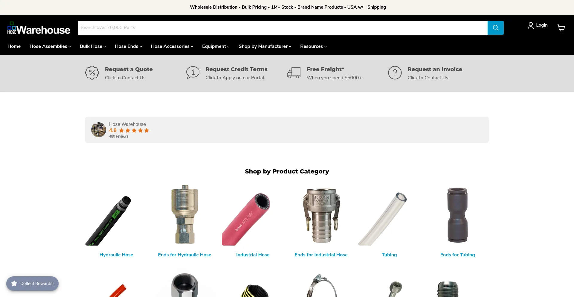 Screenshot of hosewarehouse.com homepage