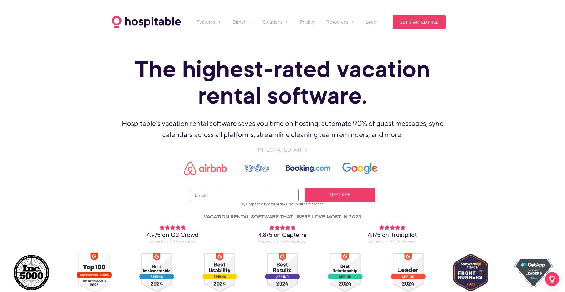 Screenshot of hospitable.com homepage