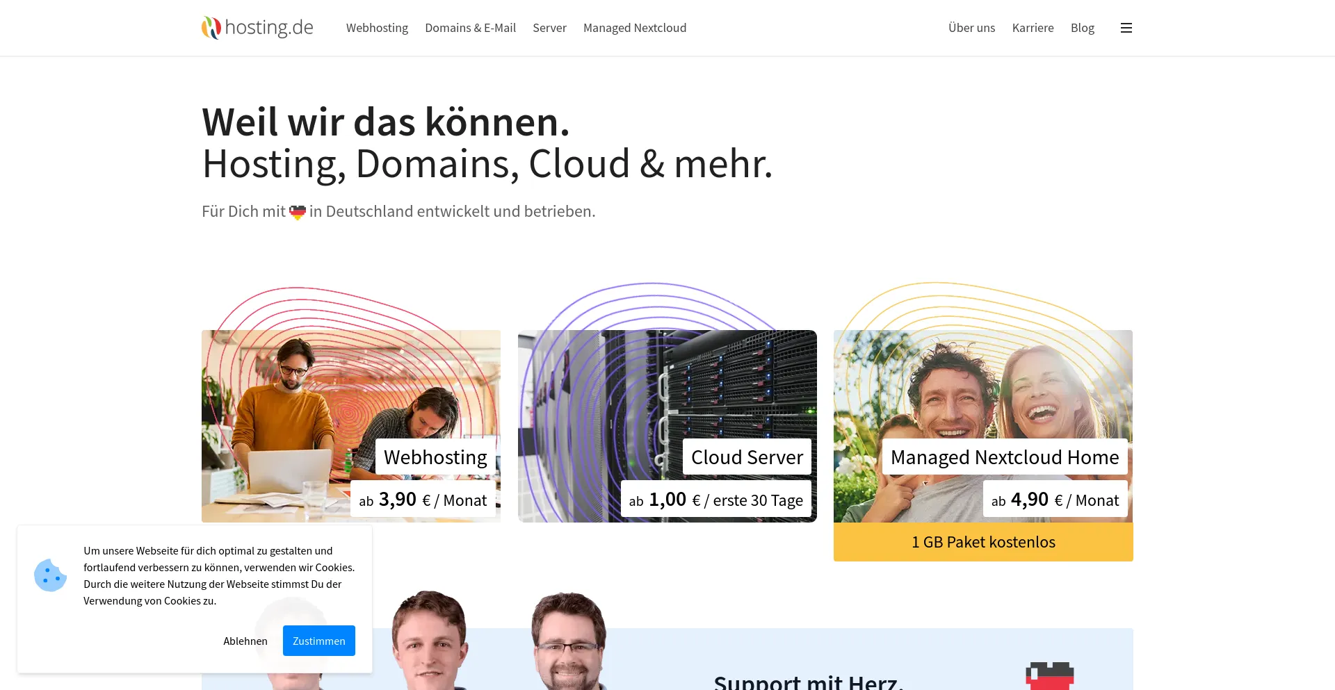 Screenshot of hosting.de homepage