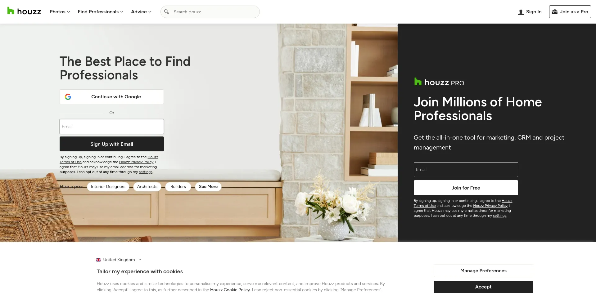 Screenshot of houzz.co.uk homepage