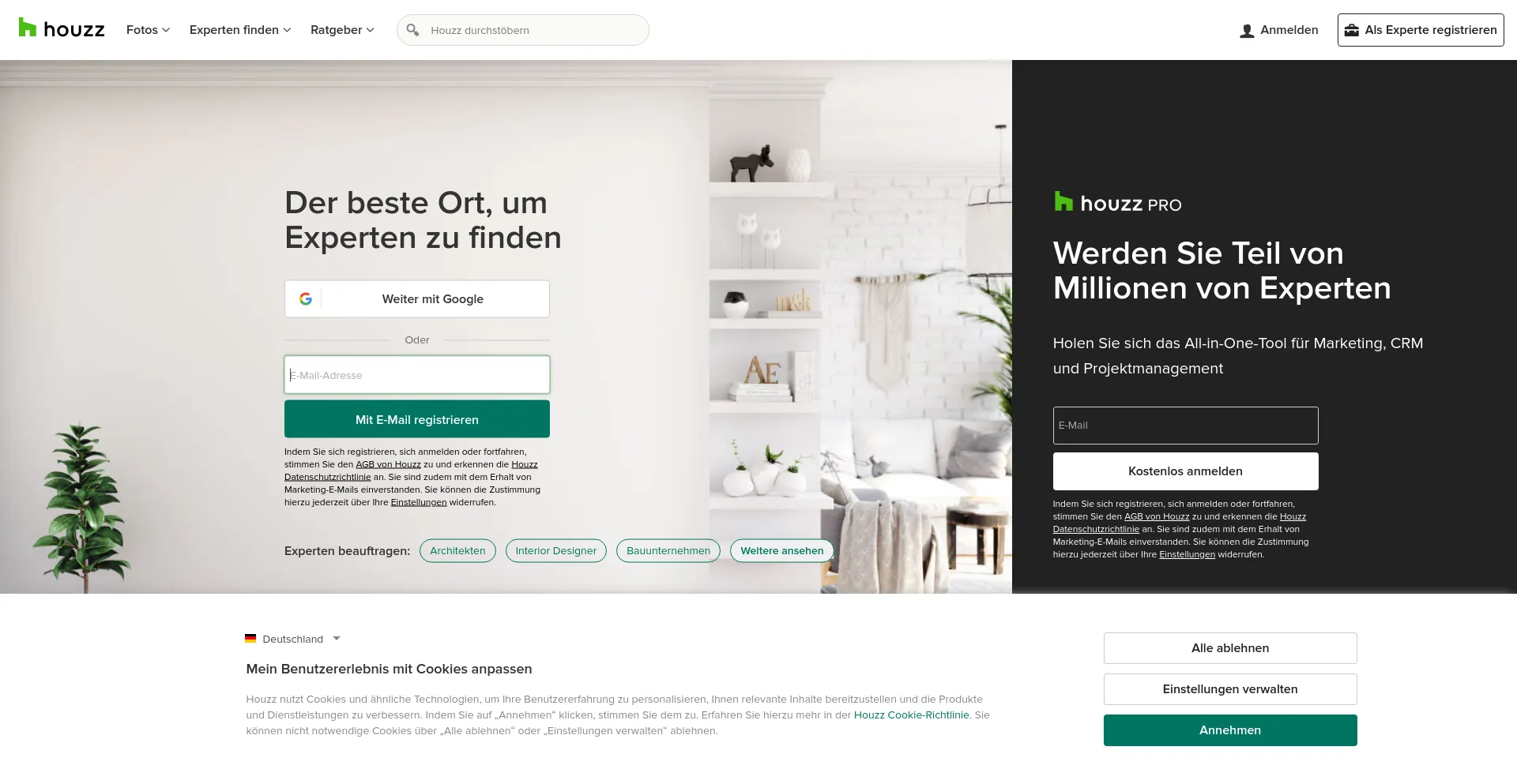 Screenshot of houzz.de homepage