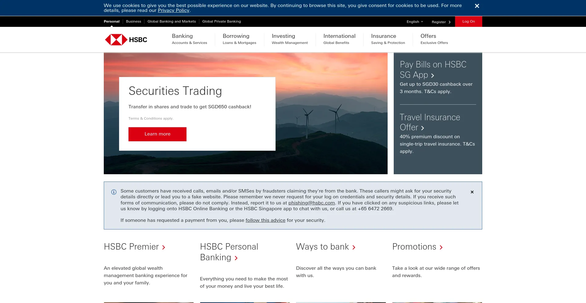 Screenshot of hsbc.com.sg homepage