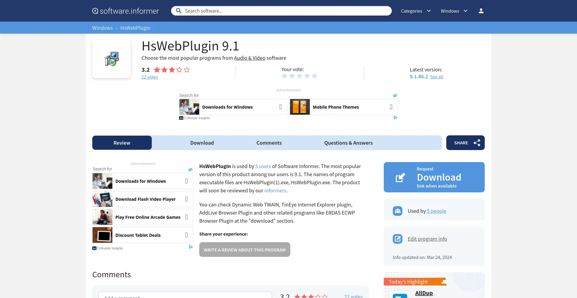 Screenshot of hswebplugin.software.informer.com homepage