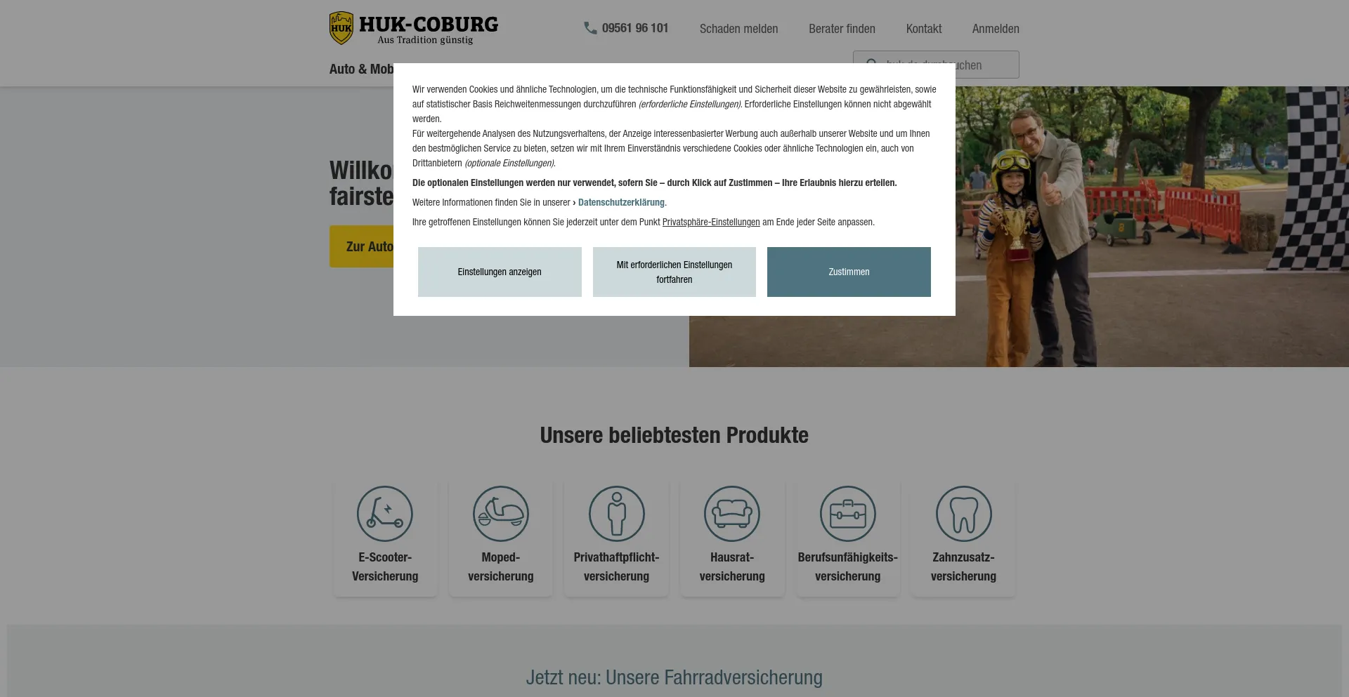 Screenshot of huk.de homepage