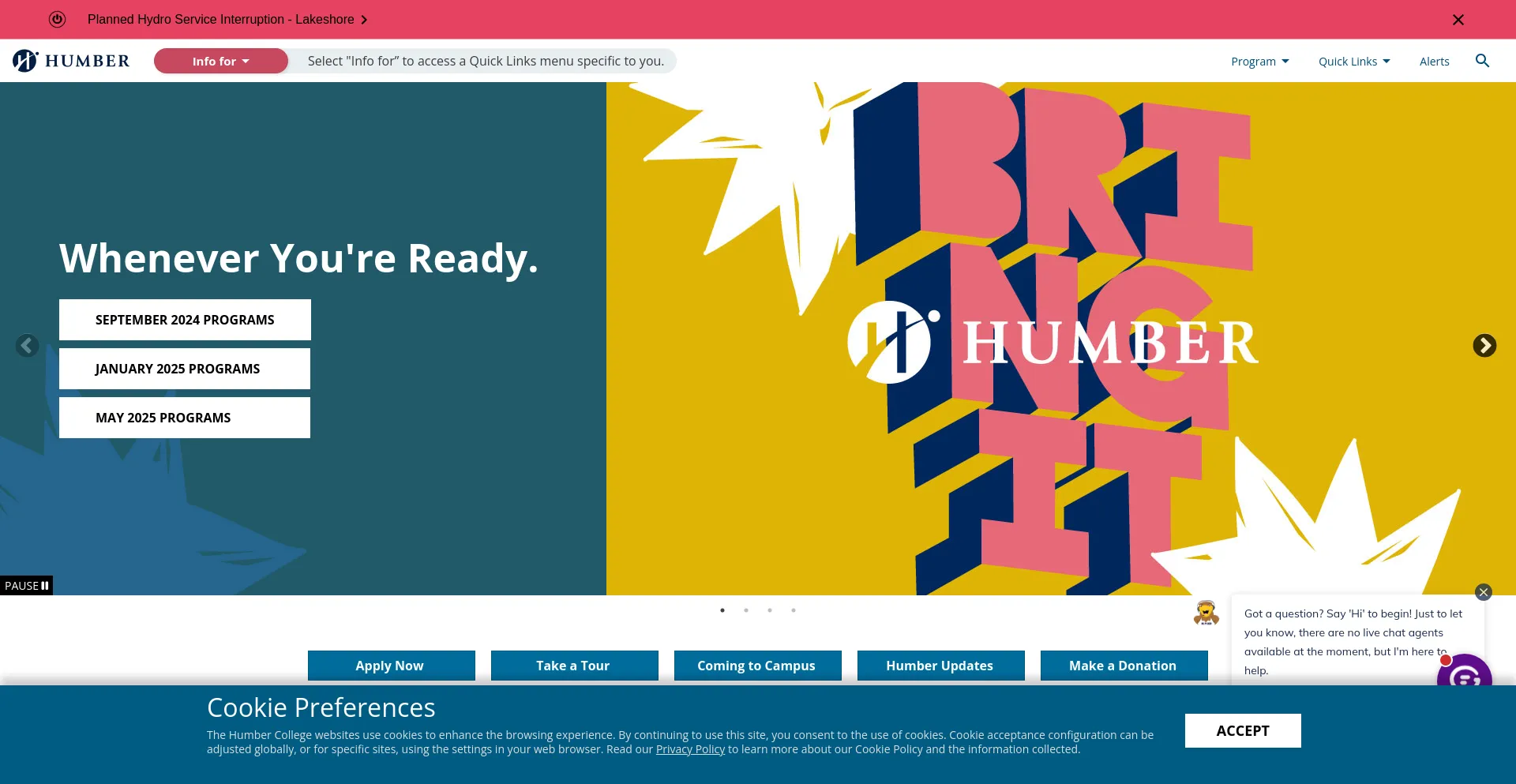 Screenshot of humber.ca homepage