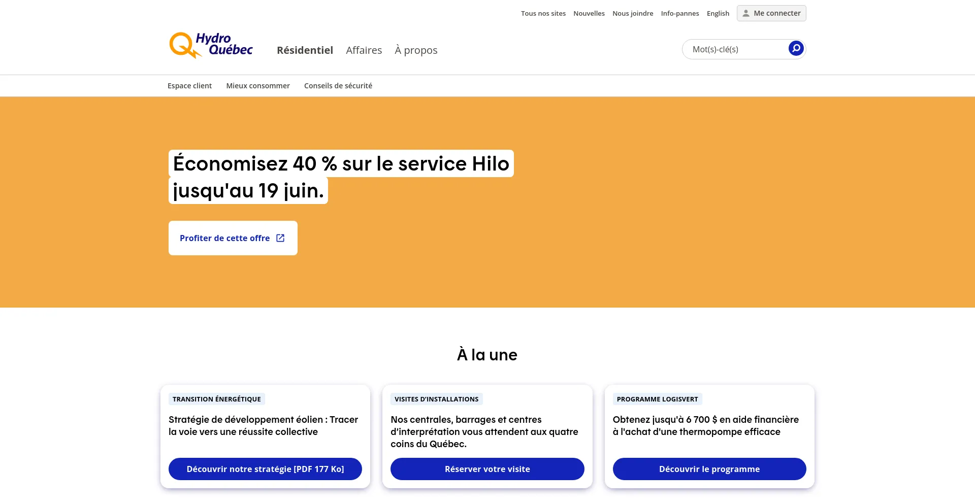 Screenshot of hydroquebec.com homepage