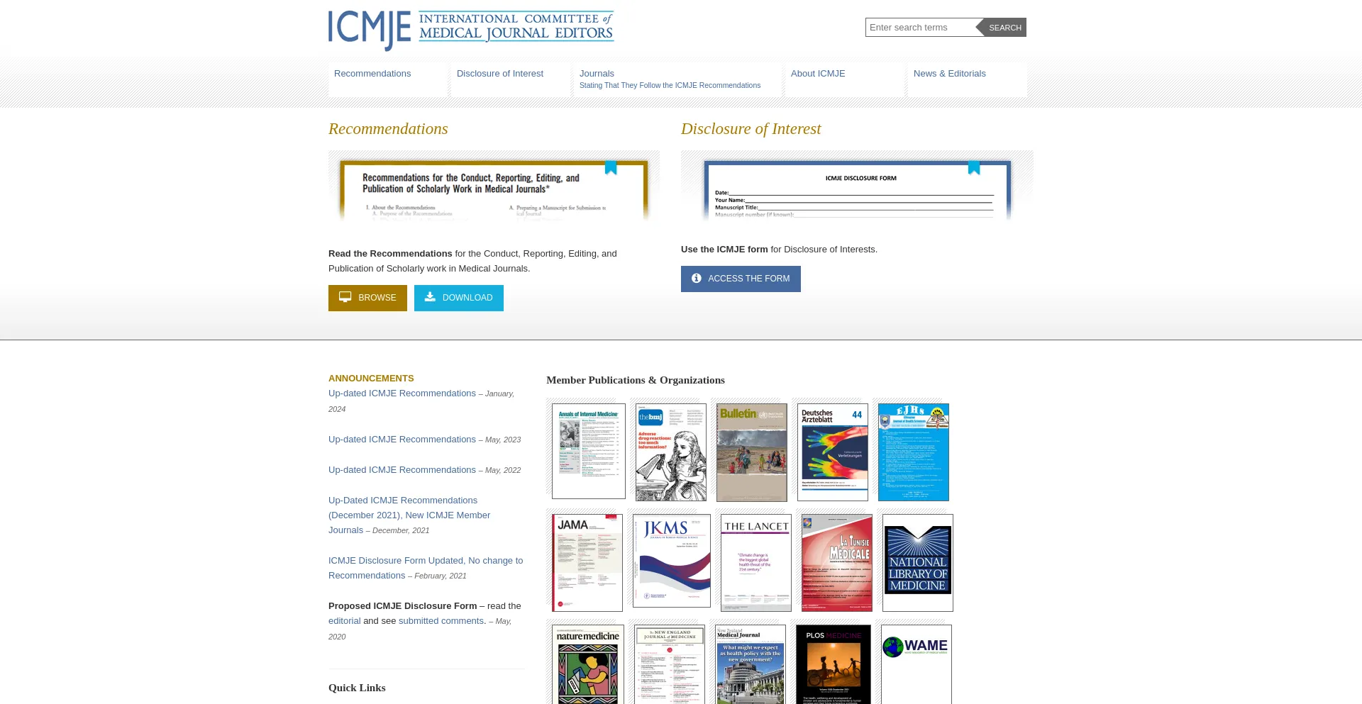 Screenshot of icmje.org homepage