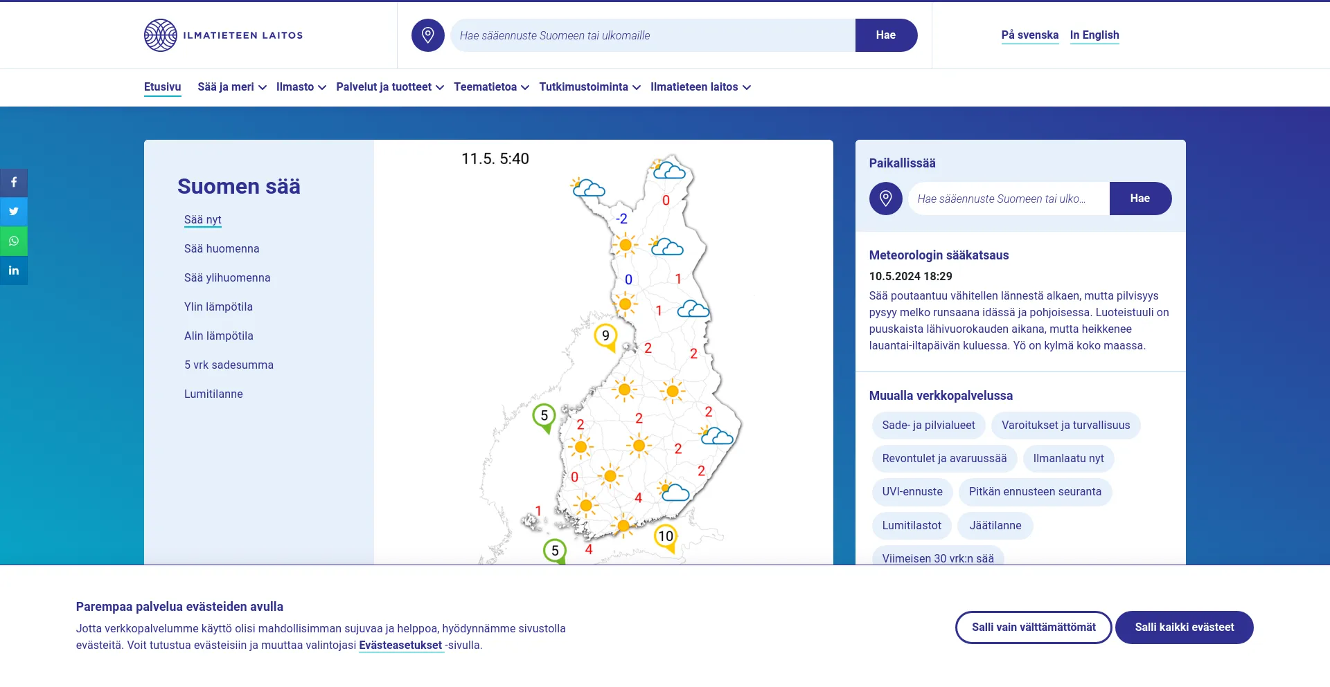 Screenshot of ilmatieteenlaitos.fi homepage