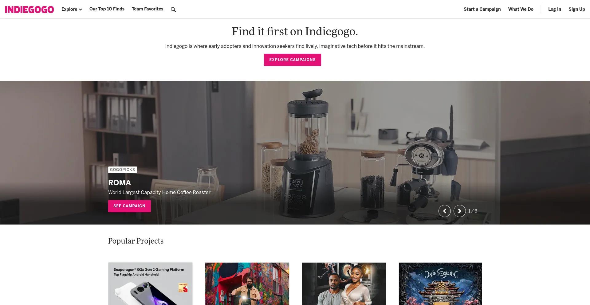 Screenshot of indiegogo.com homepage