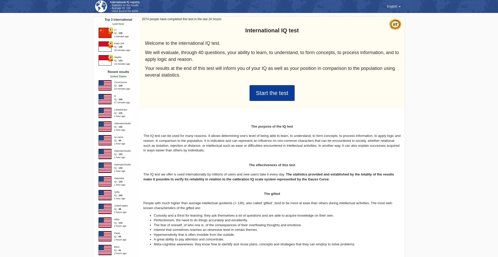 Screenshot of international-iq-test.com homepage