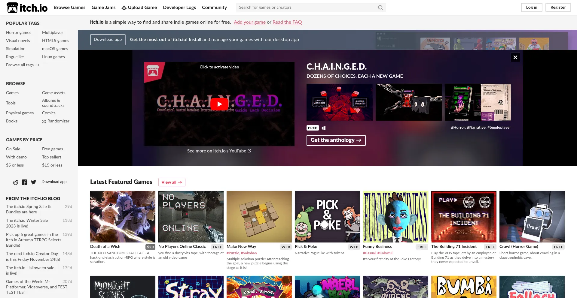 Screenshot of itch.io homepage