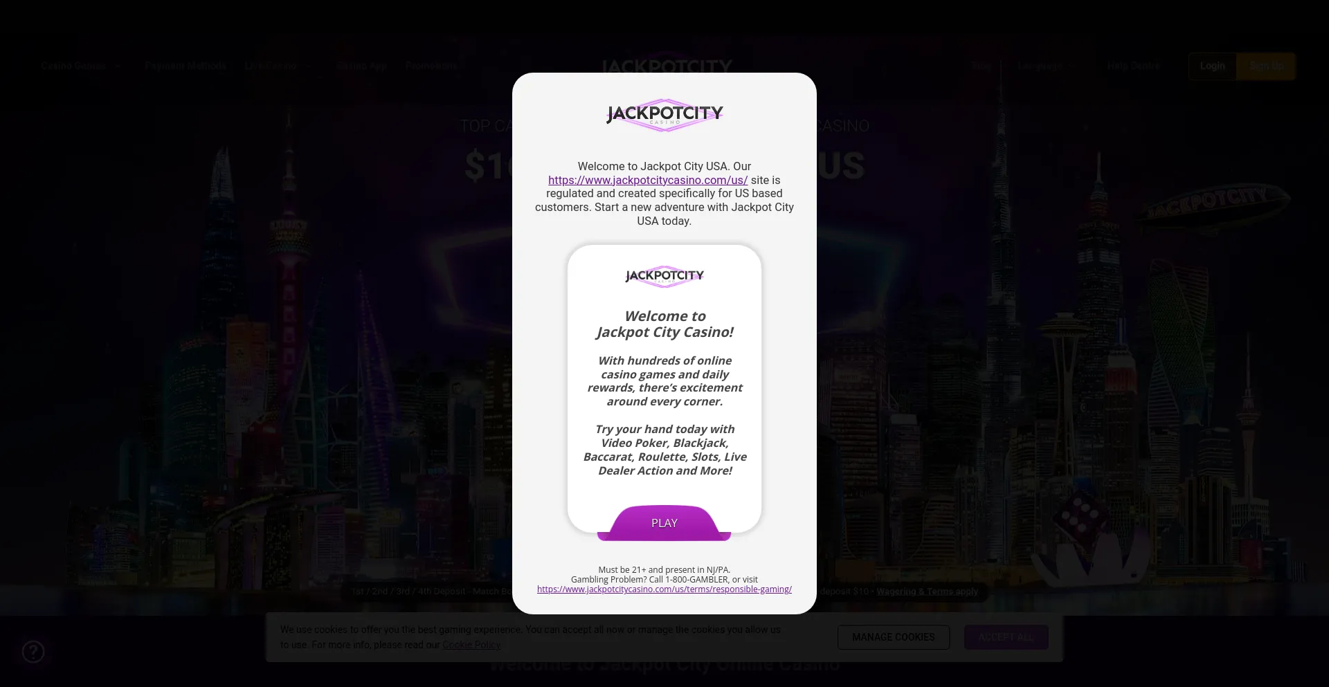 Screenshot of jackpotcitycasino.com homepage
