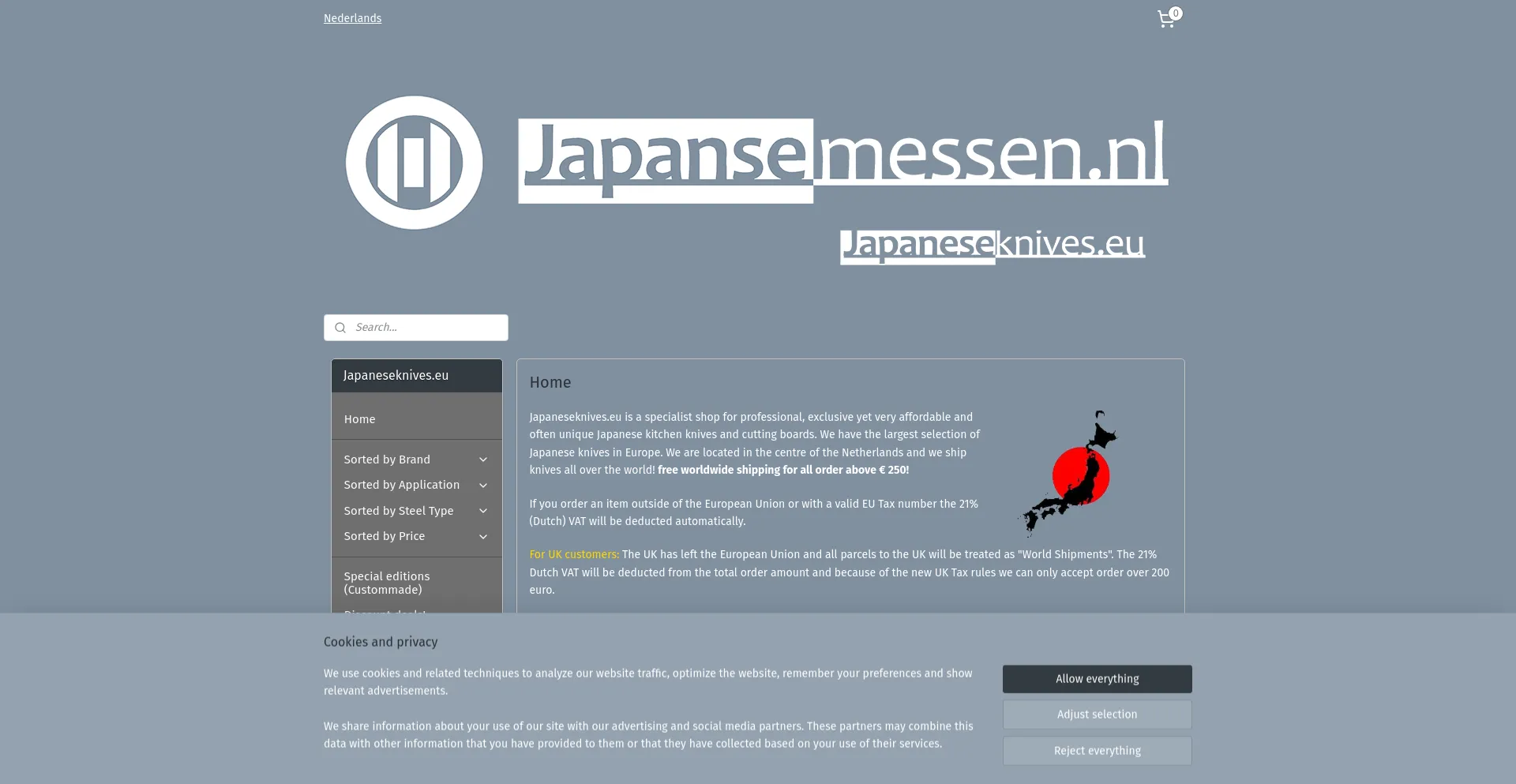 Screenshot of japaneseknives.eu homepage