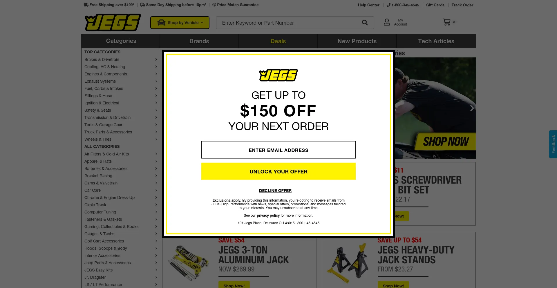 Screenshot of jegs.com homepage