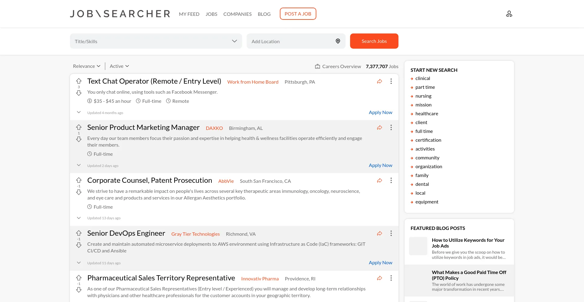 Screenshot of jobsearcher.com homepage