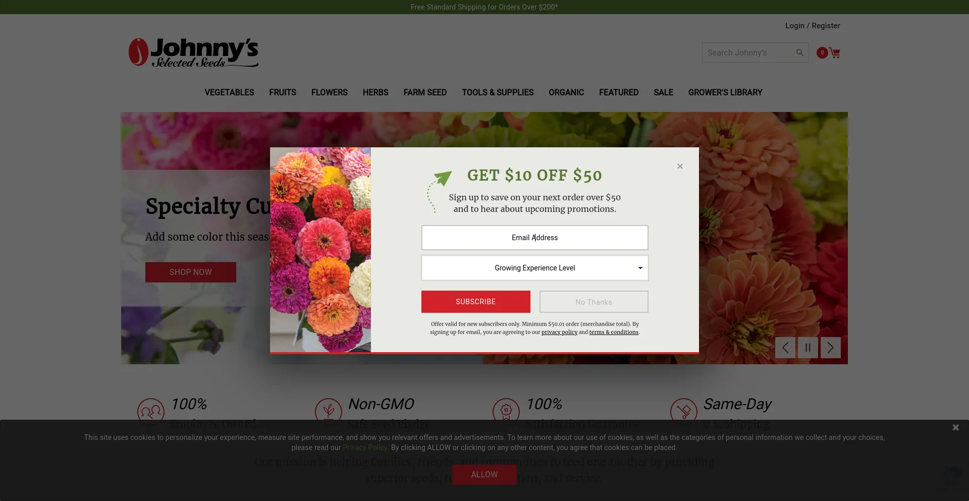 Screenshot of johnnyseeds.com homepage