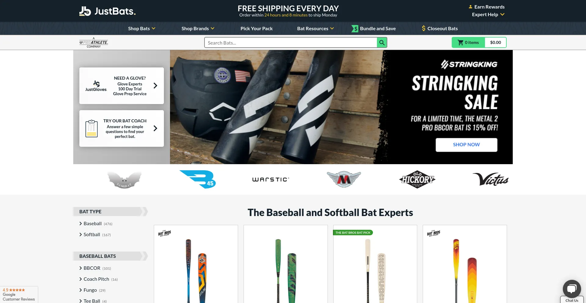 Screenshot of justbats.com homepage