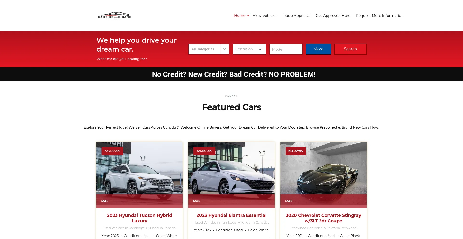 Screenshot of kadesellscars.com homepage