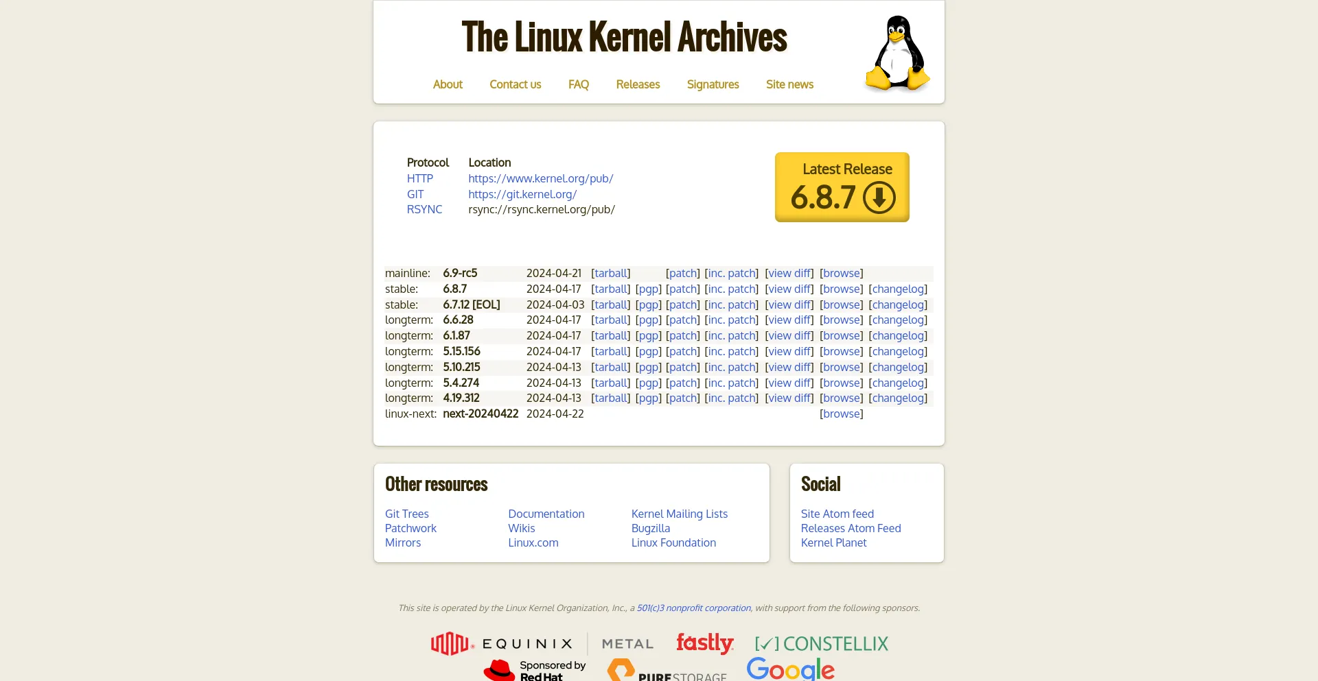 Screenshot of kernel.org homepage