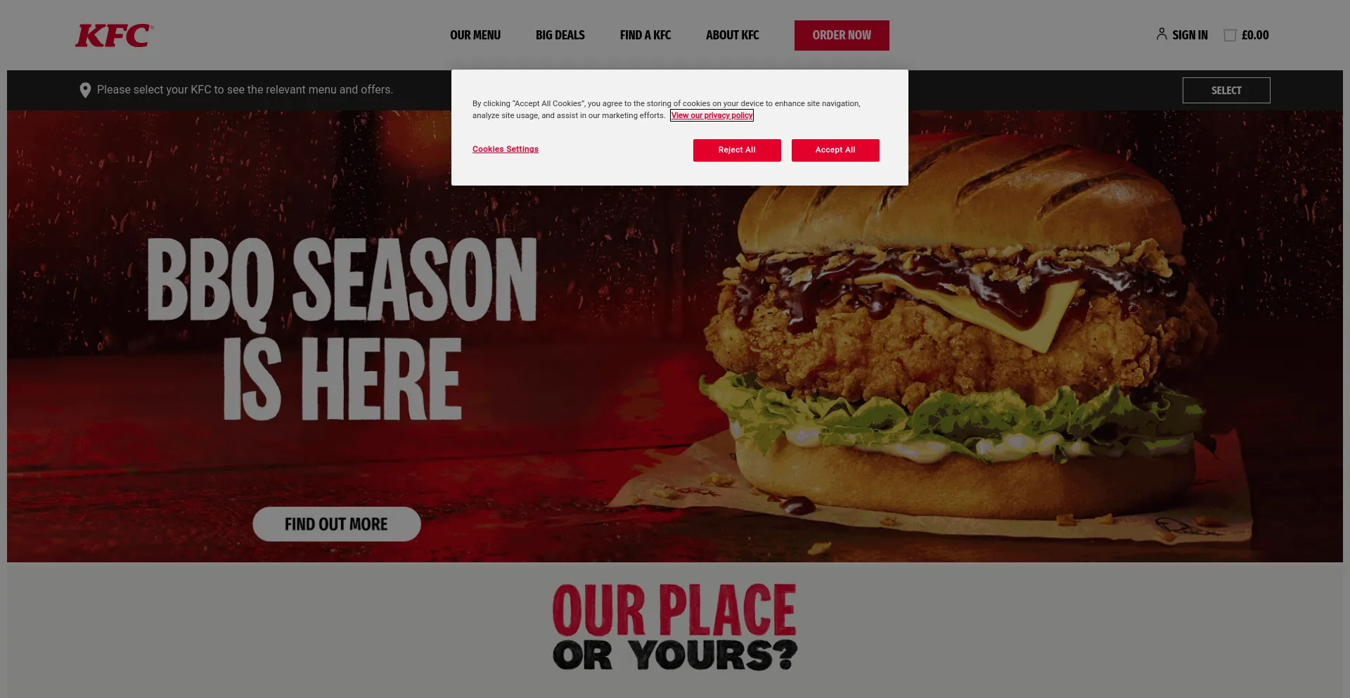 Screenshot of kfc.co.uk homepage