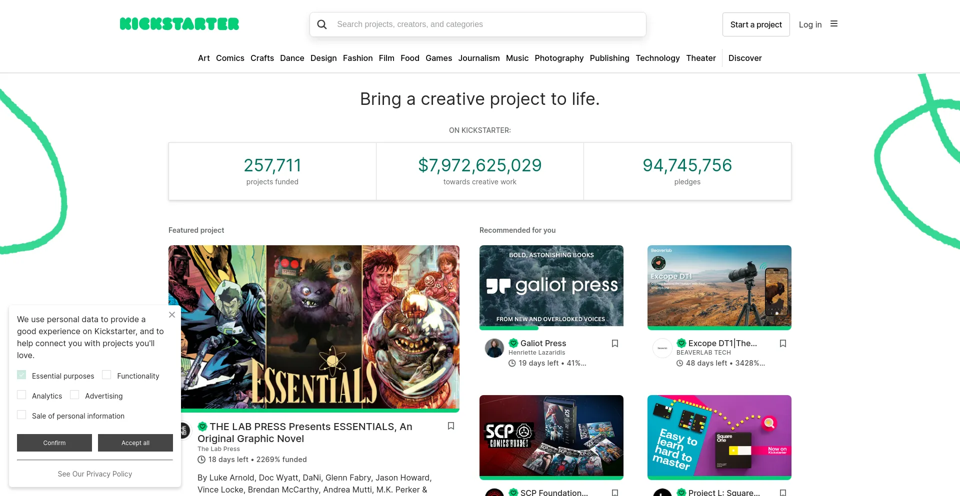 Screenshot of kickstarter.com homepage