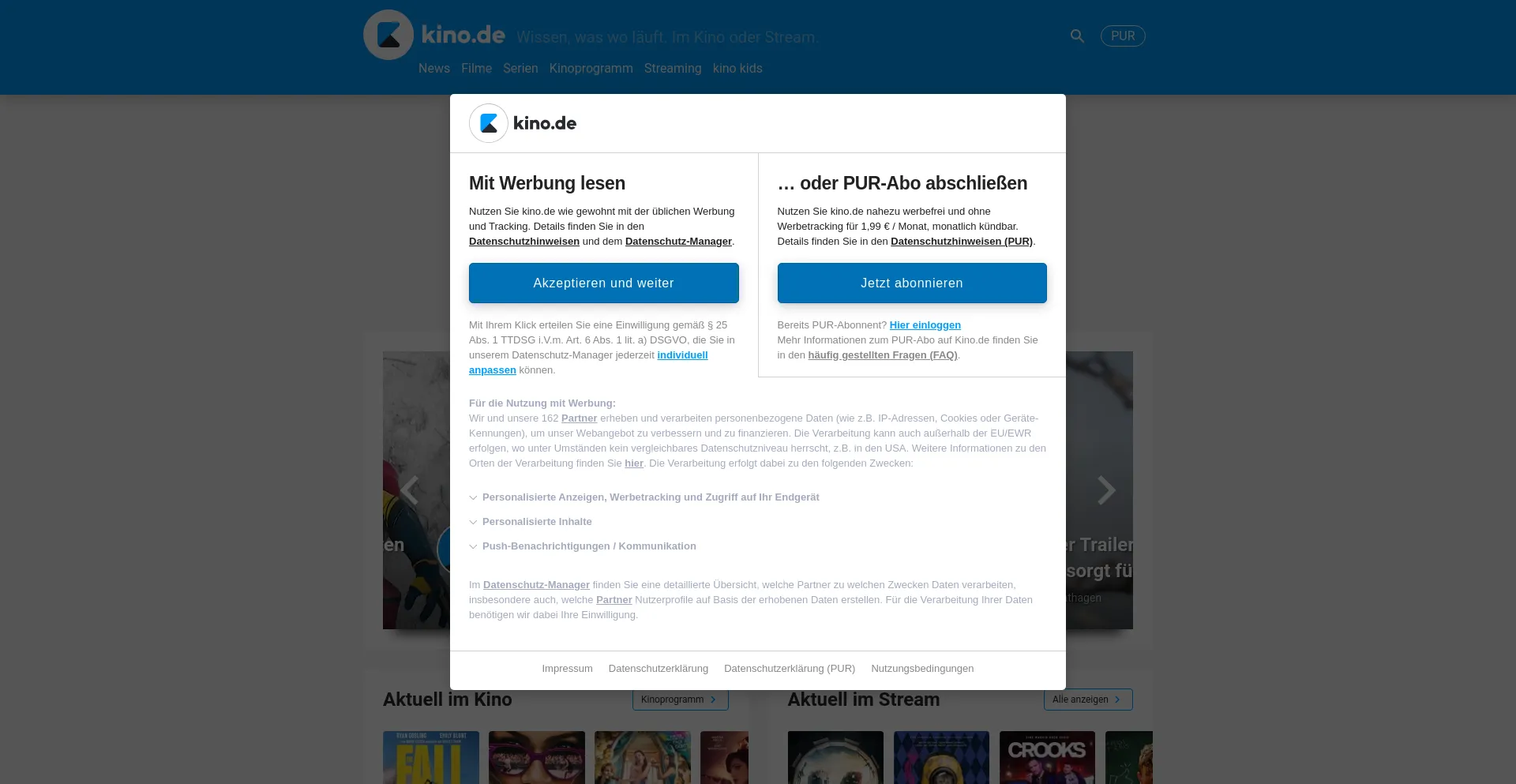 Screenshot of kino.de homepage
