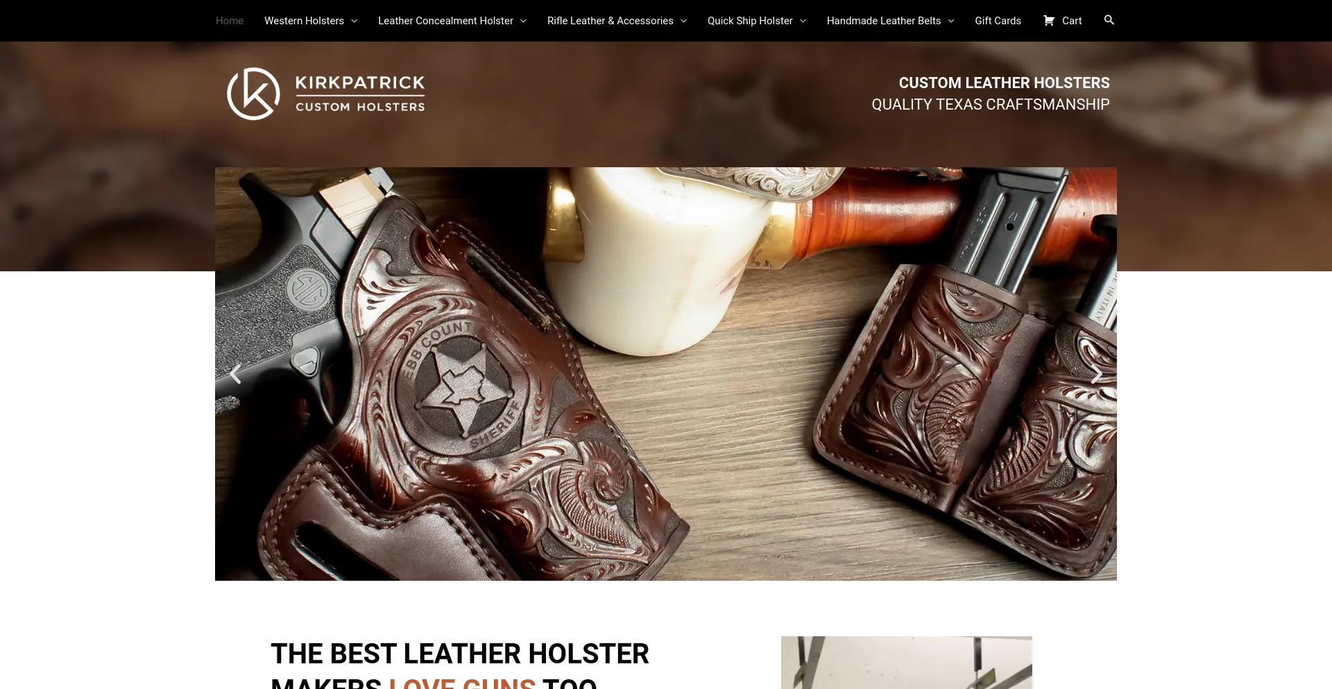 Screenshot of kirkpatrickleather.com homepage