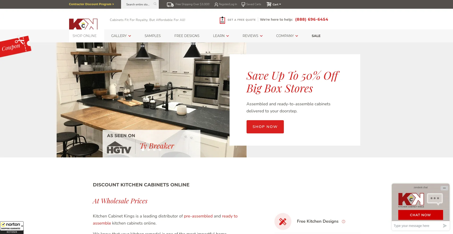 Screenshot of kitchencabinetkings.com homepage