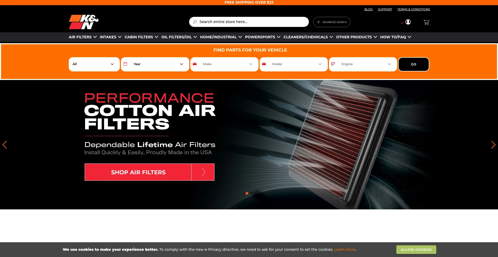 Screenshot of knfilters.com homepage